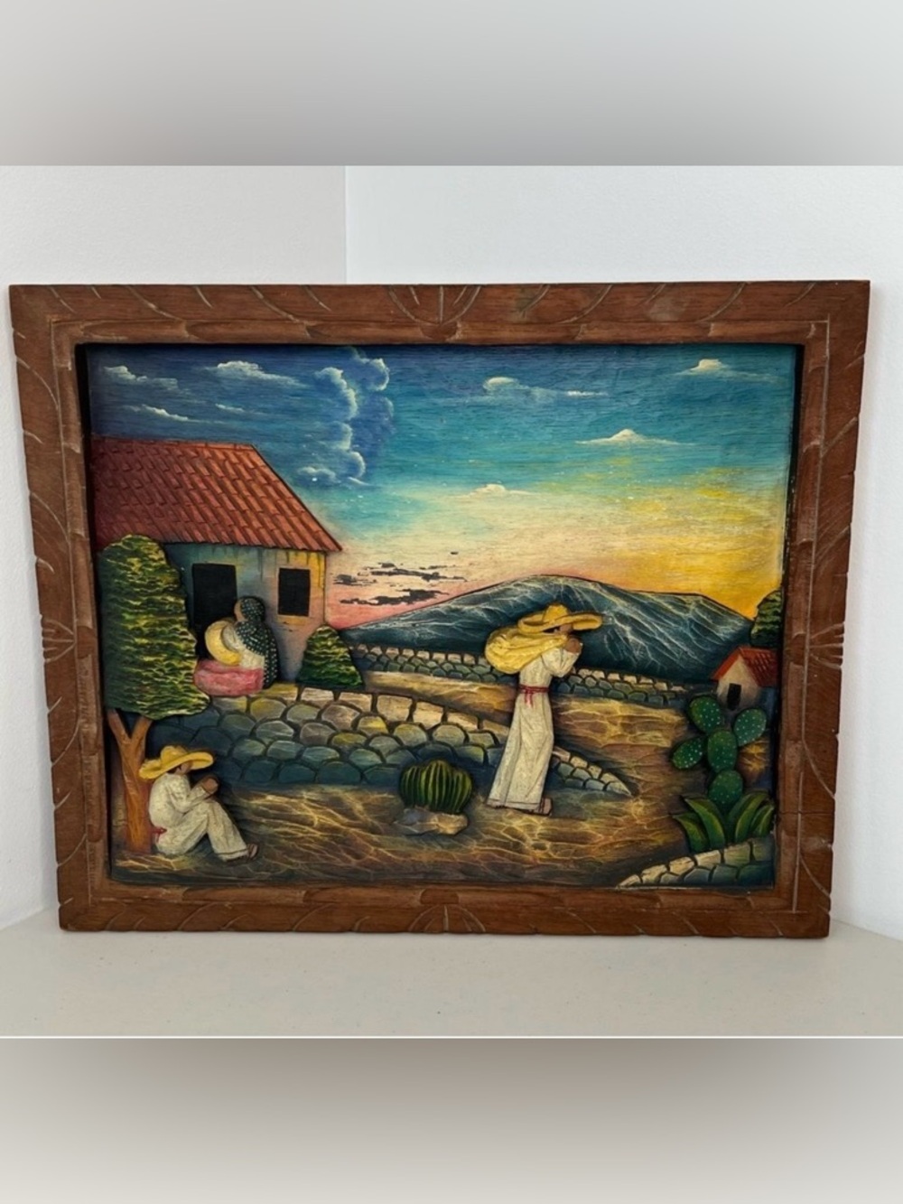 VTG Hand Carved Mexican Folk Art Bas Relief Wood Wall Hanging 19” x 16”